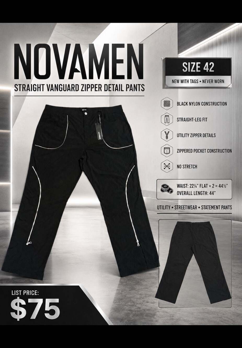 Novamen Straight Vanguard Zipper Detail Pants Black